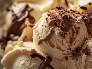 Decadent Delight: Vanilla Ice Cream with Chocolate Shavings and Drizzle