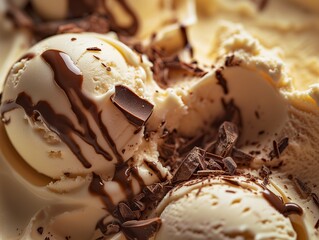 Decadent Delight: Vanilla Ice Cream with Chocolate Shavings and Drizzle