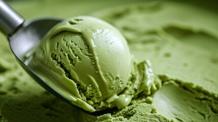 Matcha Mastery: Close-Up of Green Tea Ice Cream Being Scooped