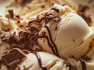 Decadent Delight: Vanilla Ice Cream with Chocolate Shavings and Drizzle