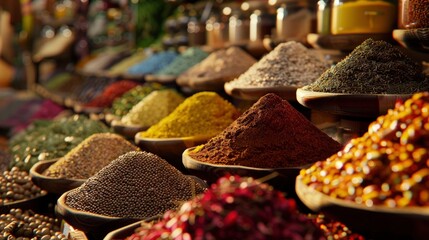 A vibrant spice market with an array of colorful spices and aromatic herbs.