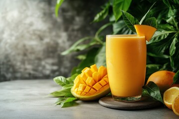 Fresh mango smoothie in a glass with a garnish of mango slice and green leaves, surrounded by tropical fruits and lush foliage.