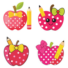 A vibrant and playful illustration featuring a bright red apple with white polka dots