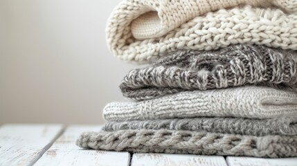Pile of grey and white knitted sweaters on light wooden table. Cozy clothing. Knitted texture.