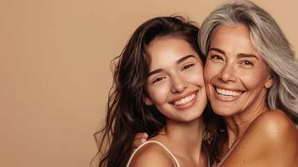 Tender smiling daughter lovingly hugs her elderly mother by the shoulders. Beauty portrait of beautiful women of two generations on beige background.