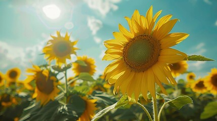 Obraz premium A vibrant sunflower field under a bright summer sky.