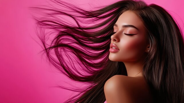 A beautiful trans woman showcases her long, flowing hair with elegance