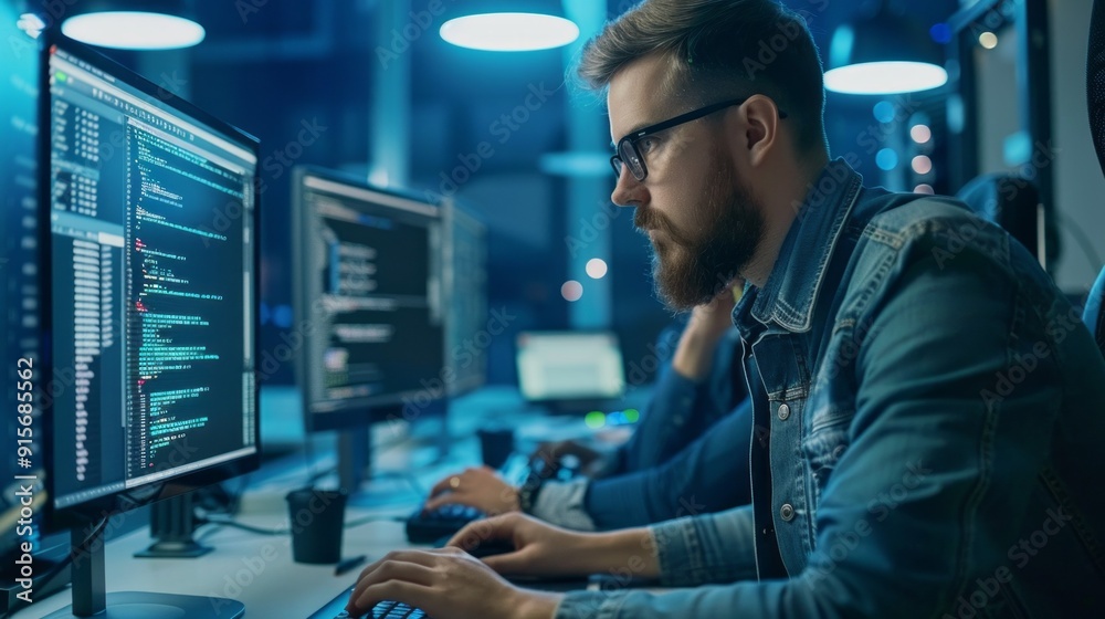 Poster Smart Male IT Programmer Working on Desktop Screen Computer in Data Center System Control Room.