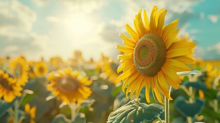 A vibrant sunflower field under a bright sky.