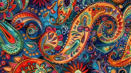 Naklejka premium Elaborate paisley patterns swirl together in vibrant colors, showcasing intricate designs and playful details