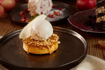 Delicious Caramel, Pear Tartlet with Ice Cream Topping - Tempting Dessert Photography