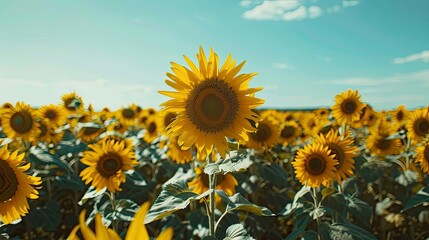 Obraz premium A vibrant sunflower field under a clear blue sky.
