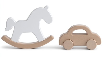 Wooden children's rocking horse and toy car on white background