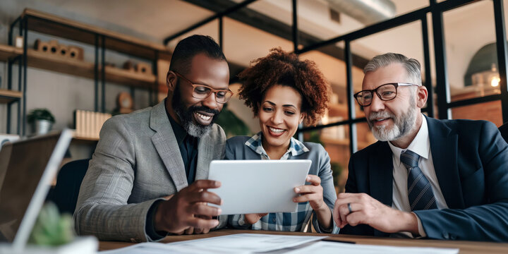 Banker assisting a senior couple with their financial planning, using a tablet to explain investment options in a cozy office setting.