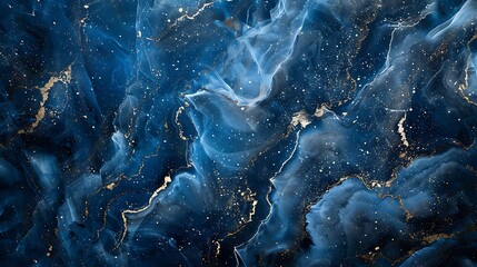 Dark blue marble with shimmering silver specks, captured at an oblique angle with cool blue lighting to create a serene and celestial atmosphere. --ar 16:9 --v 6.0 --s 250 --style raw