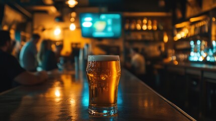 Glass of beer with bar view and lamp light effect in the background
