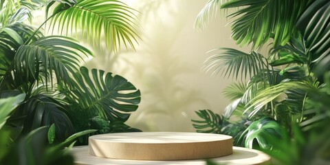 Obraz premium Podium made of natural minimalist round stone against a background of tropical palm leaves