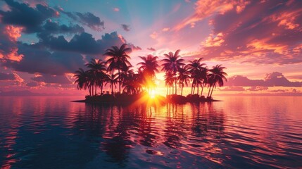 A vibrant sunrise over a tropical island with palm trees silhouetted against the colorful sky.