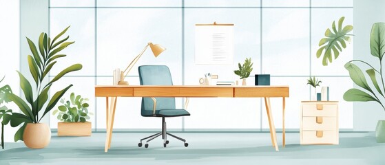 Fototapeta premium Colorful Office Celebration Setup Featuring Watercolor Decorations and an Open Area for Honor Achievements
