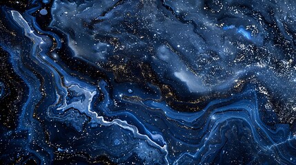 Fototapeta premium Detailed view of dark blue marble with shimmering silver specks, under soft natural lighting to enhance its starry night sky effect. --ar 16:9 --v 6.0 --s 250 --style raw