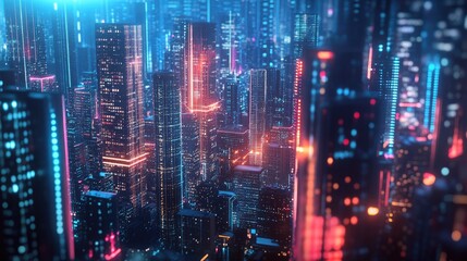 Fototapeta premium 3D city with illuminated data streams and skyscrapers illustrating cyber security and technology.