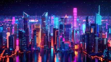 Fototapeta premium 3D cityscape at night with vivid neon lights and colors. Modern skyscrapers and downtown buildings in a lively illustration.