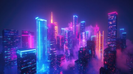Fototapeta premium 3D illustration of a colorful night city with neon lights. Skyscrapers and downtown buildings in a vibrant urban setting.