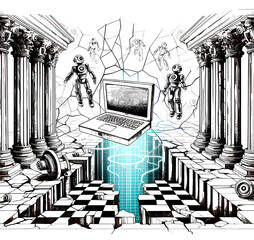 Floating laptop shattered pillars sketch. robots emerging from cracked land. ancient ruins digital technology transparent background.