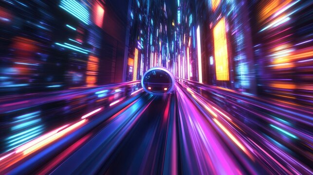3D illustration of a hyperloop racing through a neon-lit city. Blurred lights from skyscrapers create a vibrant, next-gen technology feel.