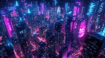 3D illustration of a vibrant city at night with neon glow. Skyscrapers, downtown buildings, and megapolis architecture.