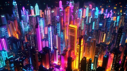 3D night city with vivid neon lights and glowing skyscrapers. Detailed megapolis illustration with vibrant downtown architecture.