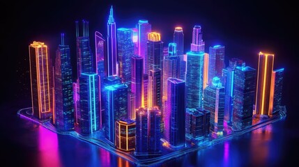 3D night city with vivid neon lights and glowing skyscrapers. Detailed megapolis illustration with vibrant downtown architecture.