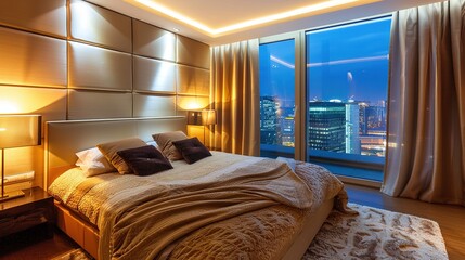 Cozy modern bedroom with city skyline view at night