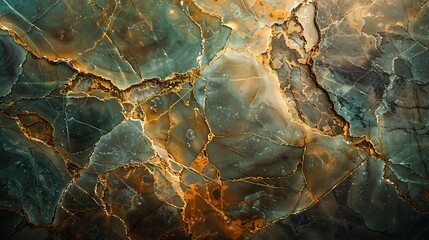 Earthy brown marble with intricate green and gold veins, captured at an oblique angle with warm golden hour sunlight to create a serene and natural atmosphere. --ar 16:9 --v 6.0 --s 250 --style raw