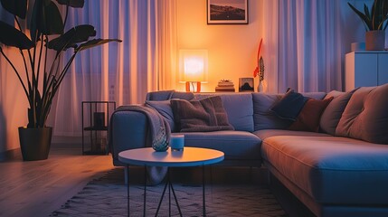 Cozy living room with warm lighting and plants during evening hours