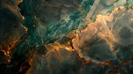 Earthy brown marble with intricate green and gold veins, captured at an oblique angle with warm golden hour sunlight to create a serene and natural atmosphere. --ar 16:9 --v 6.0 --s 250 --style raw