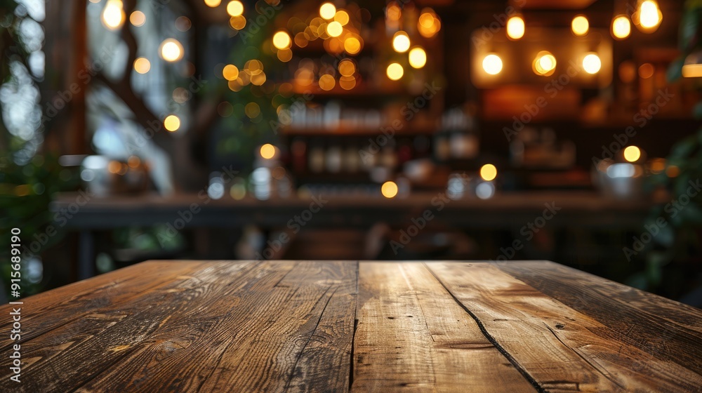 Sticker wooden table in restaurant setting, perfect for product display and branding with vintage concept.