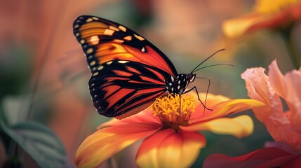 Monarch butterfly perched on a vibrant flower during a sunny afternoon