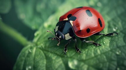 Close-up of a ladybug resting on a green leaf in a vibrant garden during sunny weather