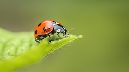 Fototapeta premium A ladybug perched on a green leaf in a natural setting during daylight