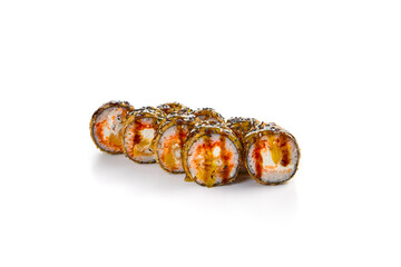 Delicious Tempura Roll with Unagi Sauce and Mango-Chili Topping on White Background