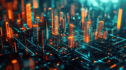 Abstract 3D illustration of a city with digital buildings and data streams symbolizing cyber security.