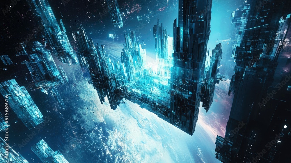 Poster abstract cubic structures forming a sci-fi space station in outer space.