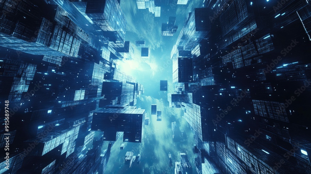 Poster abstract cubic structures forming a sci-fi space station in outer space.