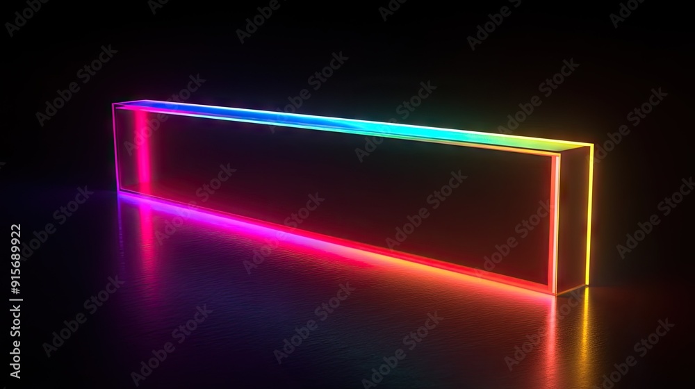 Poster abstract rectangular object with neon multicolored illumination on a black background.