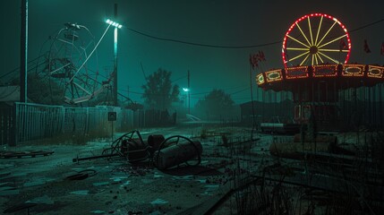 Abandoned amusement park at night