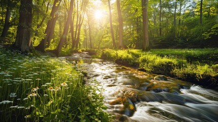 Obraz premium A serene stream flows through a lush green forest at sunrise, with sunlight filtering through the trees in a peaceful natural setting