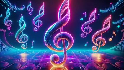 Floating 3D treble and bass clefs in a neon-lit space, 3D background music, elegant