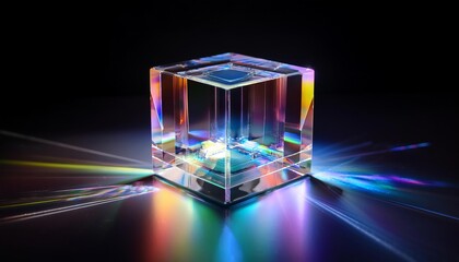 A mesmerizing macro shot of a transparent crystal cube, showcasing its intricate internal reflections and refractions.