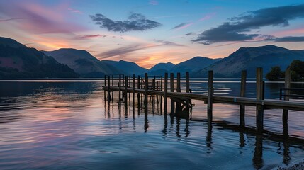 Fototapeta premium Serene sunset over the calm lake with a wooden pier in the mountains during twilight
